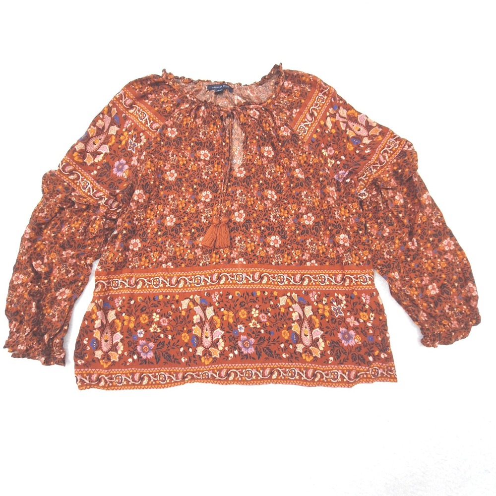 American Eagle Blouse Womens Medium Orange Rust Paisley Floral Boho Tassel Top